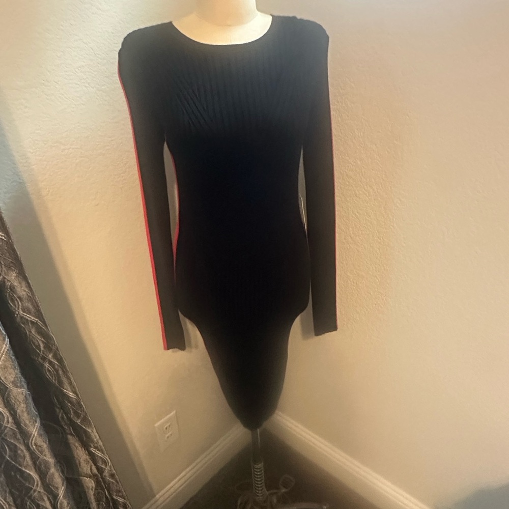 Express Black Long-Sleeve Sweater Dress with Red Stripe. Size Medium